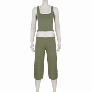 Women Casual Lounge <b>Set</b> Contrast Piping Sleeveless Top and Capri Pants Matching <b>Set</b> Soft Stretchy Fabric - Product Image 6