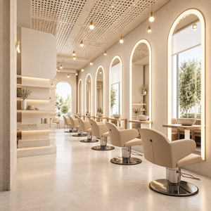 Juego Completo de Muebles para Salón de Belleza Estilo Crema Personalizado con Espejo Arqueado LED, Mostrador de Recepción, Silla de Champú, Sofá de Espera - Product Image 6