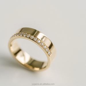 Yu Ying Custom 18K Solid Gold Flat Style <b>Band</b> Offset Halfway Pave VVS Moissanite Diamonds Wide <b>Band</b> Fine Jewelry <b>Rings</b> <b>Band</b> - Product Image 4