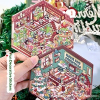Autocollants superposés PET Thème Maison de Noël, Pingouin, Animal, Boutique de cadeaux, Magasin de burgers, Scène d'hiver, Autocollants de collage pour journal et décoration DIY