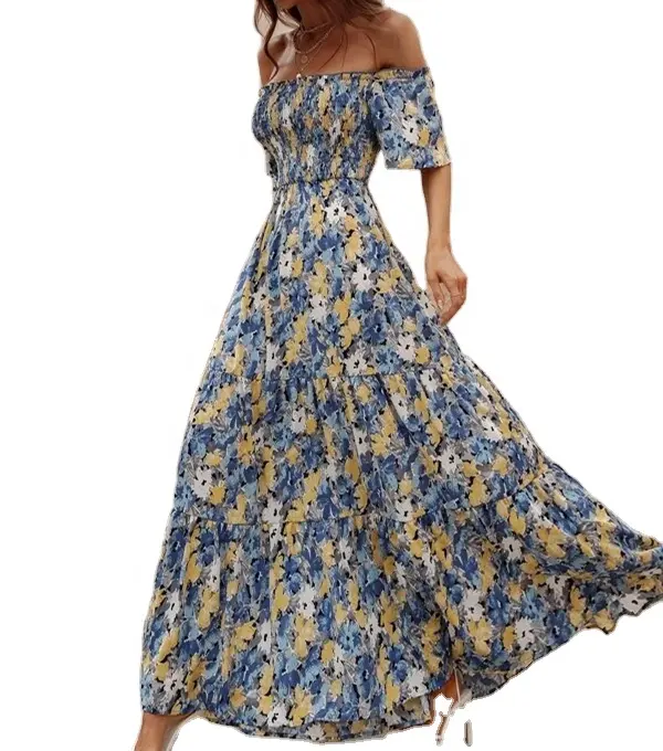OEM Factory Customized Women Ladies clothing Maxi Dress Allover Floral Shirred off Shoulder Ruffle Hem dresses