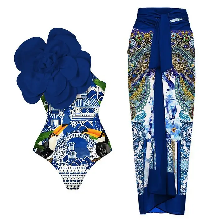 Designer Swimwear One-shoulder Big 3d Flower Monokini One Piece Swimsuit with Matching Skirt Modest Swimwear Beachwear Women