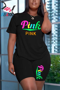 Hot <b>Plus</b> <b>Size</b> 4xl 5xl Women Summer Clothing Outfit Casual Letter pink Print Brand Two Piece Short Set for Women - Product Image 2