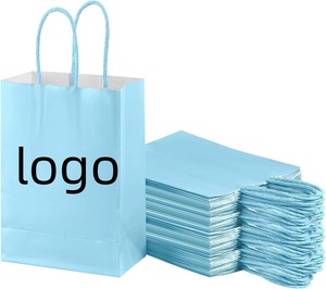 Sac en papier bleu clair enduit, personnalisé avec logo imprimé, résistant aux UV, réutilisable, durable, recyclable, pour emballage alimentaire à emporter et courses. - Product Image 1