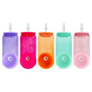 China Warehouse Blank Sublimation 16oz Borosilicate <b>clear</b> Transparent Colored Candy <b>Jelly</b> Beer Glass Can with Plastic Lid - Product Image 3