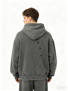 XINGE Sweat à capuche zippé oversize streetwear en coton épais 380 g/m² délavé à l'acide avec imprimé slogan et épaules tombantes, style décontracté - Product Image 2