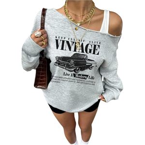 Women's Shoulder Sweatshirt Long Sleeve Vintage Car Print <b>Y2K</b> Asymmetric Pullover Graphic Top Breathable 320g Knitted Fabric - Product Image 1