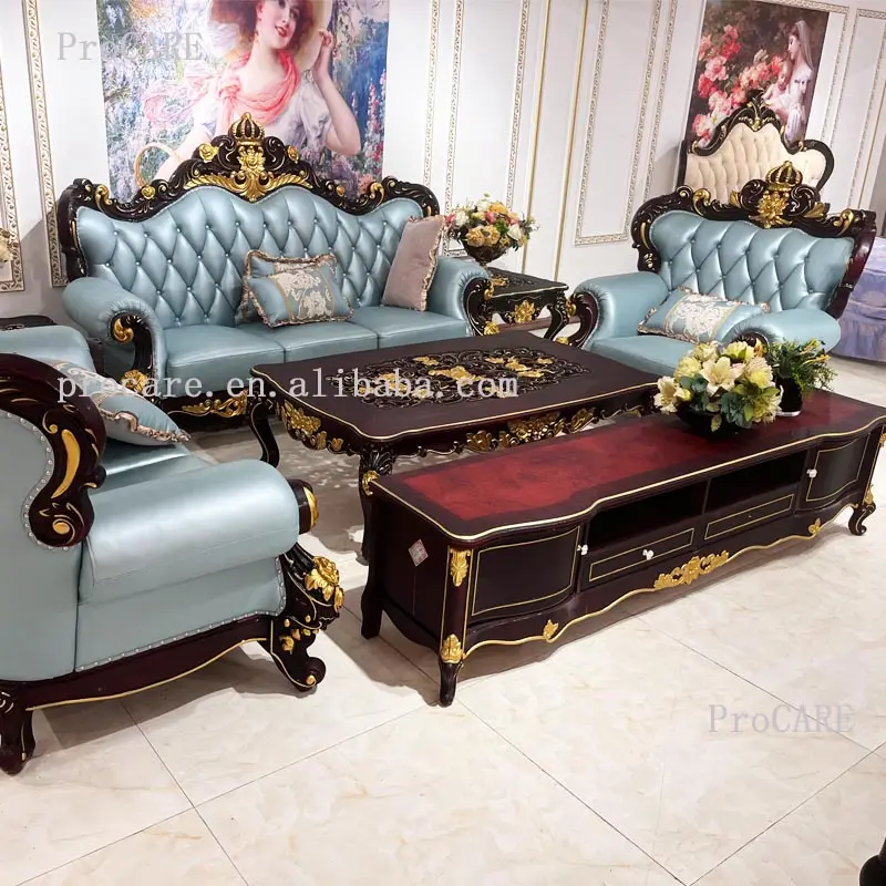 ProCARE fabbrica diretta di lusso intagliato a mano mobili in pelle stile europeo divano da soggiorno