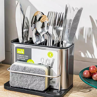 Distributeur de savon double multifonctionnel pour cuisine, support éponge 3-en-1, en acier inoxydable, antirouille, sur pied, pour évier - Stock disponible pour dropshipping