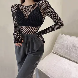 Women's Summer Fashion Black Fishnet Tops Sexy Hollow Long Sleeve