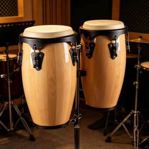 Venta al por Mayor de Par de Congas de Madera Natural Brillante de 8+9 Pulgadas, Percusión Manual con Piel de Cabra y Soporte Trípode Estable, Logotipo Personalizado - Product Image 1