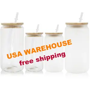 USA WAREHOUSE Wholesale 16oz 12oz libby beer can shape glassesフロストクリアカップ昇華タンブラービールグラス竹蓋付き