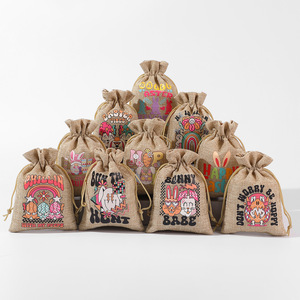 Nueva Bolsa de Regalo de Yute Reciclable y Personalizable con Diseño de Conejito de Pascua y Cierre de Cordón para Huevos de Pascua - Product Image 2