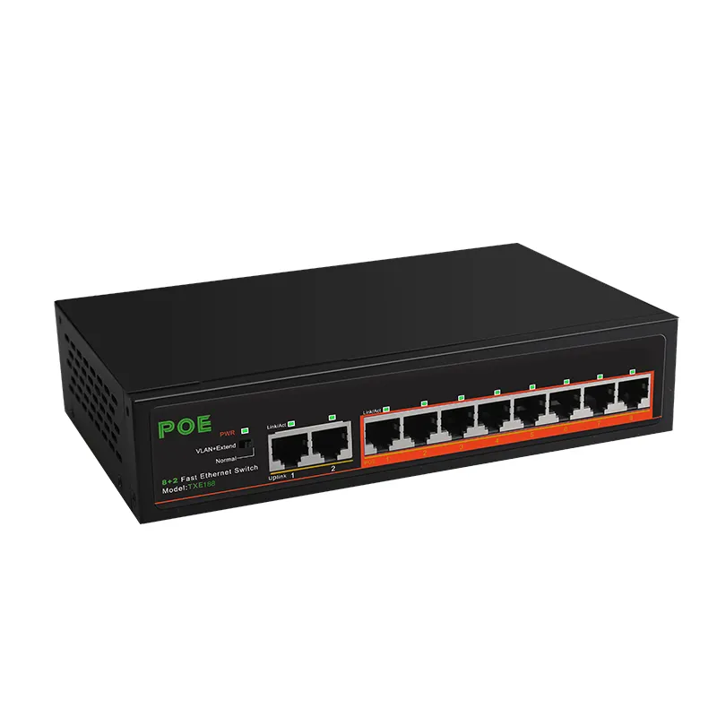 8Ports 10/100Mbps PoE + 2Port Uplink Unmanaged POE Ethernet Switch for IP camera build in power adapter internal power 250M