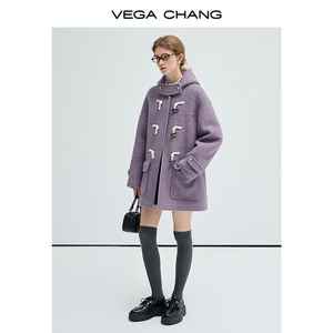 VEGA CHANG 2026 Abrigo de Lana Morado con Capucha y Hebilla de Cuerno, Estilo MIDI, para Mujeres de Baja Estatura - Product Image 6