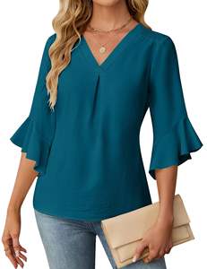 Camisa Casual de Gasa para Mujer, Estilo Europeo Americano, Verano 2026, Cuello en V, Manga Loto de Tres Cuartos, Transpirable, para Oficina, Poliéster/Algodón - Product Image 5