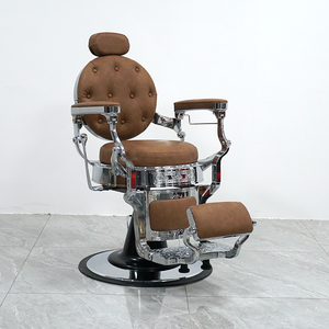 Fauteuil <span class=keywords><strong>de</strong></span> Barbier Vintage Marron en Gros avec Cadre Chromé, Revêtement en Cuir PU Capitonnage Diamant, Chaise <span class=keywords><strong>de</strong></span> Salon Inclinable et Base Ornée <span class=keywords><strong>de</strong></span> Volutes - Product Image 4