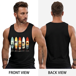 Camiseta sin mangas con cuello en V para hombre, color negro, de secado rápido, 100% poliéster, con estampado digital de surf y atardecer. - Product Image 1