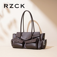 Tas Tote Kulit Asli Korea Berkualitas Tinggi RZCK dengan Estetika Hitam, Dilengkapi Kantong dan Resleting, Tas Selempang Mewah dan Langka untuk Wanita