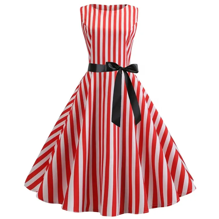 SP-8035 Wholesale Readymade red and stripe print high waist sleeveless ladies vintage dress women casual dress