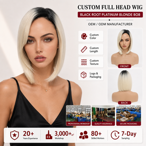 Perruque Bob Blonde Droite avec Racines Foncées, Fibre Résistante à la Chaleur, Ligne de Cheveux Naturelle, Sans Colle, Bonnet Ajustable, Couverture Complète - Product Image 1