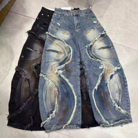 YSJY Denim Jeans Vintage Mud Dyed Washed Zipper Patchwork Wide Curved Leg Streetwear Jeans Bulk