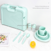 Ensemble de vaisselle de camping pas cher, vaisselle de pique-nique avec table pliante, ensemble de vaisselle de pique-nique en plastique, vert beige rose