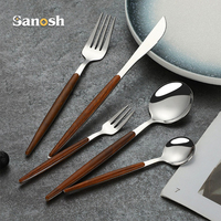 SANOSH Restaurant Qualité Couverts Ensemble En Acier Inoxydable Cuillère Fourchette Couteau avec Manche En Bois En Plastique Élégant Argent Couverts