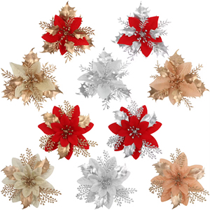 Vente en gros d'usine, fleurs artificielles <span class=keywords><strong>de</strong></span> Noël <span class=keywords><strong>de</strong></span> 12 cm et 15 cm, fleurs artificielles <span class=keywords><strong>de</strong></span> Noël en paillettes, ornement <span class=keywords><strong>de</strong></span> poinsettia - Product Image 1