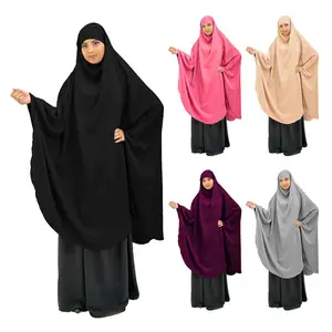 High Quality Solid Color Stretchy Sleeved Jilbab Khimar Jilbab 2 Pieces Set Abaya Women Muslim Dress