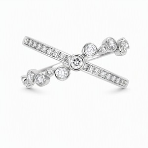 18K White Gold Diamond Pave & Scattered Stone <b>Cross</b> Over <b>Ring</b> Modern Statement Jewelry For Women - Product Image 1