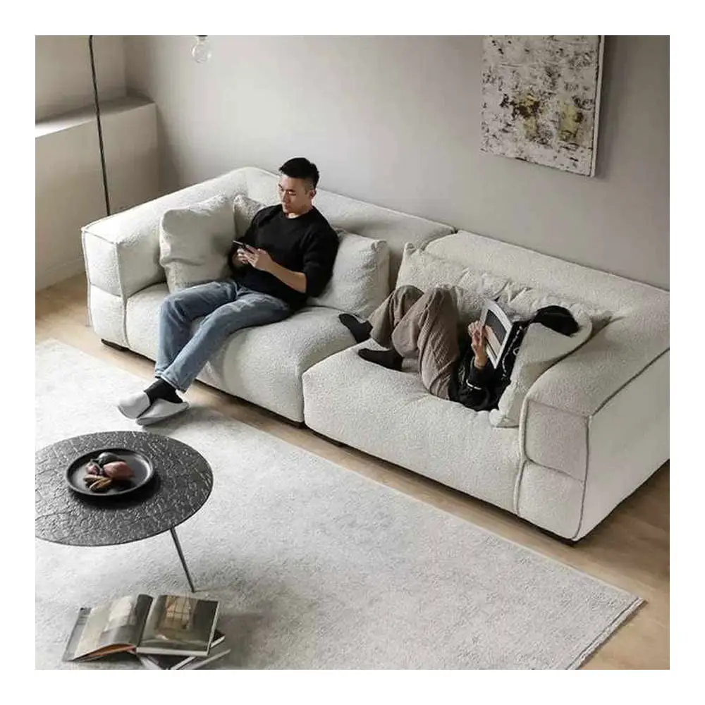 Italian Minimalist Tofu Block Fabric Sofa Living Room Three-person Straight Row Lambswool Sofa