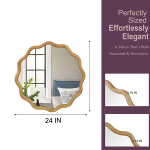 <b>Oak</b> Color 24 Inch Wavy <b>Round</b> Solid Wood Frame Decorative <b>Mirror</b> For Bedroom Bathroom Living Room Entryway - Product Image 4
