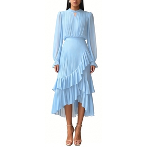 Robe midi plissée en mousseline pour femme, col montant, ourlet à volants, idéale pour les invitées de mariage et les soirées – Collection Mode - Product Image 2