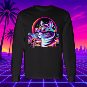 Camiseta retro de manga larga con diseño de gato Vaporwave y gafas de eclipse, diseño de puesta de sol neón - Product Image 3