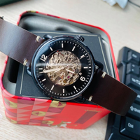 Montre automatique mécanique à remontage manuel pour homme, squelette marron avec index lumineux