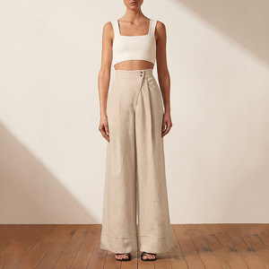 Shinesia 2022 pantaloni Casual estivi abbigliamento donna kaki dritto cotone <span class=keywords><strong>lino</strong></span> <span class=keywords><strong>vita</strong></span> <span class=keywords><strong>alta</strong></span> pantaloni larghi lavati a maglia a gamba larga - Product Image 6