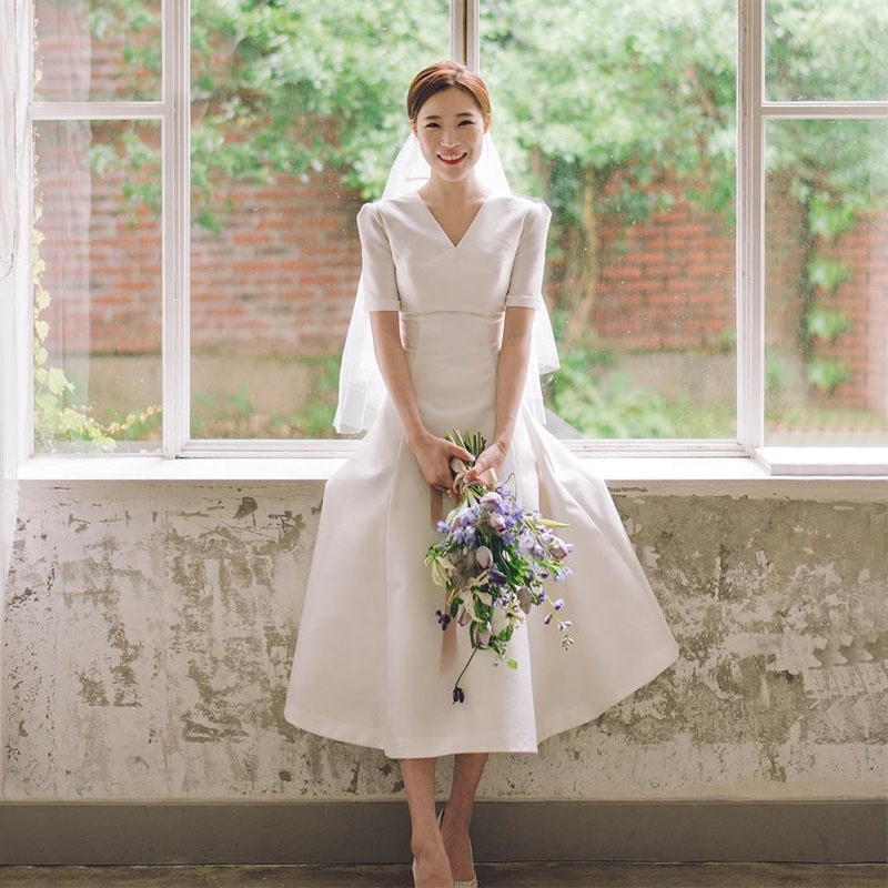 Korea A-Line Tea Length Wedding Dress with Short Sleeves, Elegant Satin  Midi Gown for Brides  Custom Size Available