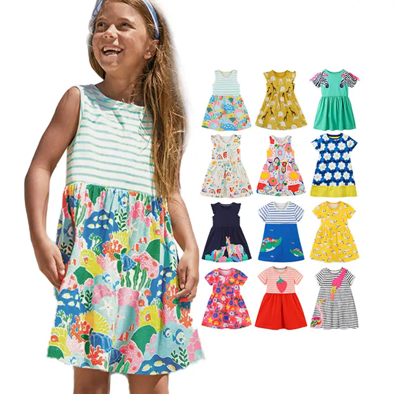 Fabrik Mädchenkleider Sommer 2 bis 8 Jahre Kurzarm T-Shirt Kleid Baumwolle Freizeitkleid für Mädchen Kinder Druck A-Leiste
