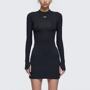 2023 été femmes Mini robes moulante mode noir à manches longues Sexy dames Mini robe
