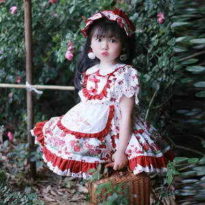 Sweet Ruffles Dress Kid Short Sleeves Dress Cute Peter Pan Collar Embroidery Baby Spanish Lolita Girl Dress