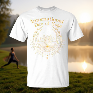 Camiseta del Día Internacional del Yoga con diseño de loto dorado blanco promocional - Product Image 3