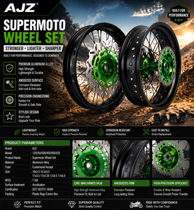 Juego de Ruedas Supermoto CNC 7116-T6 de Aluminio de 17 Pulgadas, Buje Verde, Llanta Negra, para <span class=keywords><strong>KX</strong></span> <span class=keywords><strong>250</strong></span> 450, Piezas de Motocicleta Todoterreno de Alto Rendimiento - Product Image 1