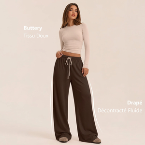 Conjunto de Pantalones Largos de Punto de Color Sólido para Mujer, Top Corto Beige de Manga Larga y Pantalones Anchos Marrones de Corte Holgado - Product Image 2