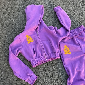 Embroidery Patch Tracksuit Sweat Suits Women Distressed Two Piece Set <b>Cropped</b> <b>Zip</b> <b>up</b> Hoodies and Sweatpants Set Custom Sweatsuit - Product Image 2