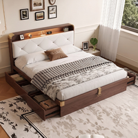 Lit double moderne en pin avec revêtement en cuir PU, fonction de rangement, inclinable et réglable, taille Queen pour la chambre à coucher