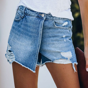 RNSHANGER Nouveauté été Short en jean pour femme, taille haute, coupe moulante, déchiré et délavé, avec trous, décontracté, avec poches, sexy - Product Image 1