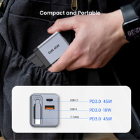 Chargeur mural GaN portable Tommox 45W avec câble rétractable PD, compatible prises US, UK, EU, pour ordinateur portable et voyage