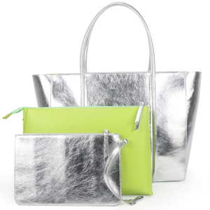Ensemble de 3 sacs fourre-tout en cuir PU argenté métallisé personnalisé, grand sac à main pour femmes avec pochette détachable - Product Image 1
