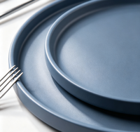 Assiettes à steak en céramique EKA Luxury, finition mate, bleu Morandi, rondes, élégantes, pour la restauration.